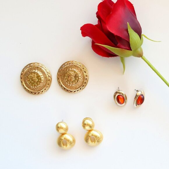 Bundle 3 Pairs Vintage Gold Silver Dangle Stud Clip-on Amber Coin Earrings S M L - Picture 2 of 12